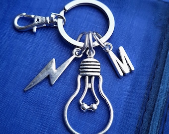 Electrician keyring with initial personalised gifts electric lightbulb graduation thankyou