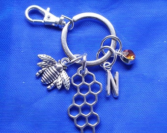 Bee keyring with birthstone optional initial animal honeybee honeycomb garden GIFT personalised