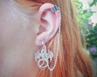 Ear cuff chain earring Dragon stud dangle gift Handmade uk silver wrap  goth punk gothic