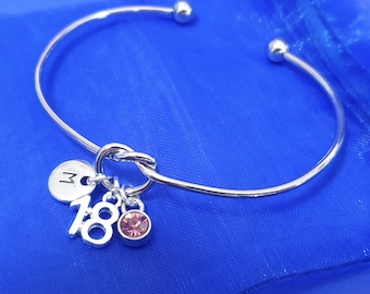 18th Bracelet with initial and birthstone personalised silver chain gifts 13th 16th 21st twist bangle