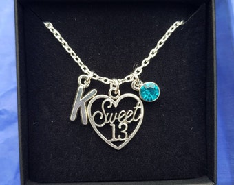 Sweet 13 Birthday Necklace with initial and birthstone personalised ANY SIZE silver chain 13th birthday gifts