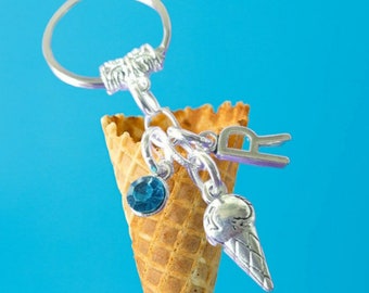 Ice cream Keyring with Birthstone and initial Silver gifts birthday keyring keepsake