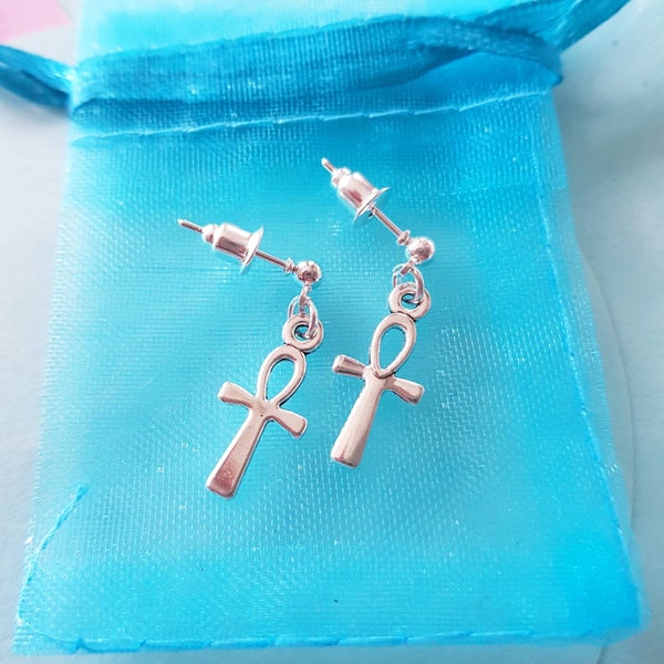 Ankh Cross earrings silver plated stud dangle gift bag Handmade post Egyptian Ankh charm earrings