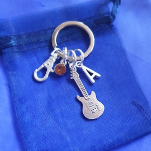Guitar keyring with initial birthstone personalised gifts silver Music