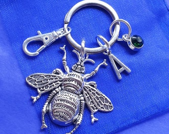 Large Bee keyring with birthstone optional initial animal honeybee garden GIFT personalised
