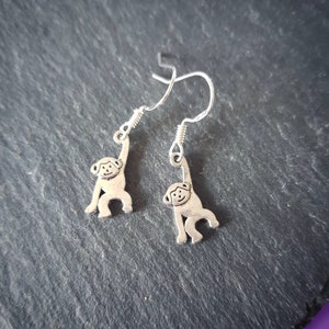 May include: A pair of silver monkey earrings with a dangling monkey charm. The monkeys are holding onto a branch with their arms and have a smiling face.