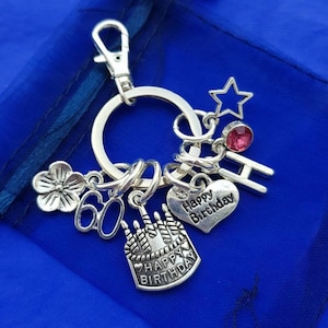 60th Happy Birthday keyring with initial birthstone personalised gift silver birthday gift for her women girls 30th 40 50th 60th 70th 80th