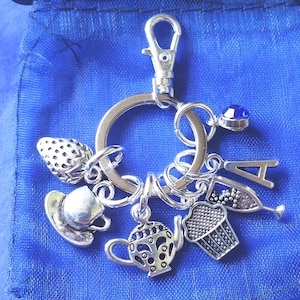 Afternoon tea keyring with initial Birthstone personalised gifts teacup teapot tea and cakes