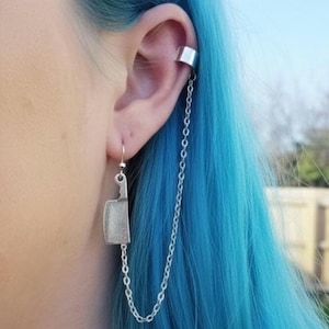 Handmade Silver Hatchet Cleaver Dangle Earring Goth Punk Chain Ear Cuff