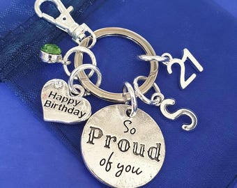 21st birthday keyring with initial birthstone personalised gift silver gift for her birthday So Proud of you 16th 18th 30th