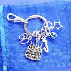 60th Birthday keyring with age initial birthstone personalised gifts silver birthday gift 30th 40th 50th 70th 80th birthday