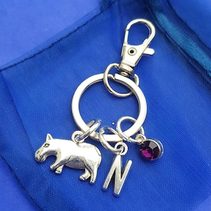 Hippo keyring with initial birthstone personalised message animal gifts silver