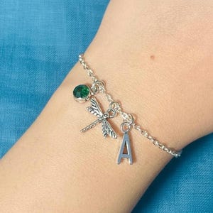 Dragonfly Bracelet personalised birthstone initial jewellery Birthday gift bag ANY SIZE