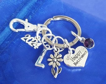 Happy Retirement keyring with initial birthstone personalised gifts silver birthday gift for her retired leaving job graduation