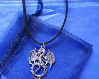 Dragon Necklace: Silver Plated Charm, Optional Initial, Faux Suede Cord