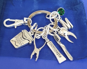 Dentist keyring with initial optional  birthstone personalised gifts Dental Dentistry