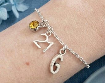 21st Birthday Bracelet: Initial & Birthstone Charm, Silver Chain