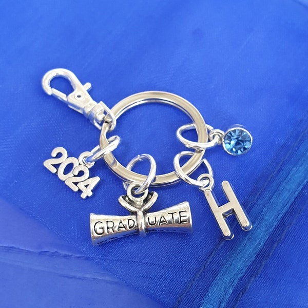 Graduation scroll keyring with initial and optional Birthstone personalised gifts silver 2024 2023 uni student