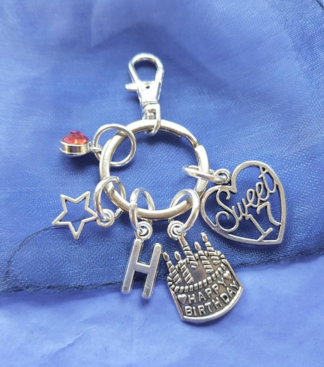 Sweet 17 Keyring With Initial Birthstone Personalised Gifts Silver