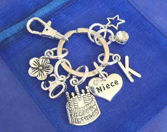 Niece 30th birthday keyring with initial birthstone personalised gifts silver birthday gift for her women girls 13th 18th 21st 25th 40th