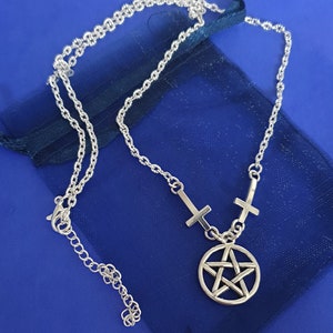 Pentagram Necklace Gothic Wicca Witch upside down cross silver plated charm pendant gift bag for her