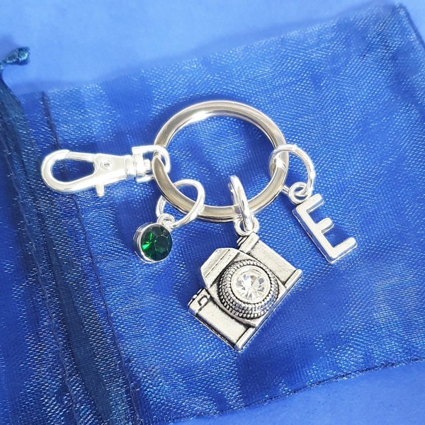 Camera keyring with initial birthstone personalised gifts silver photography photographer