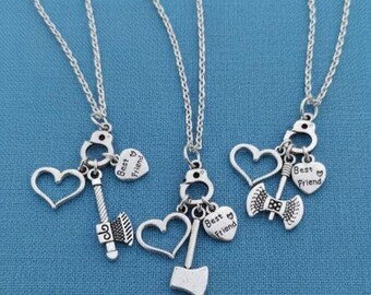 3 x partners in crime Necklaces personalised initial best friends Axe Handcuffs silver chain gift pinky promise share split partner in crime