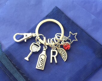 Gin and Tonic keyring with initial optional birthstone personalised gift friends alcohol gifts