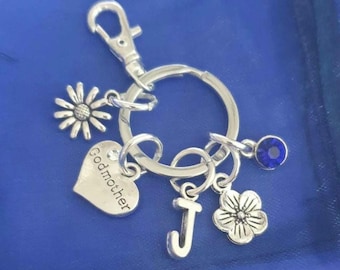 Godmother keyring with initial birthstone personalised gifts silver birthday gift for godparent god mother gifts