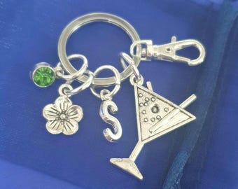 Cocktail keyring with initial personalised gifts silver martini drink holiday beach alcohol friends birthday