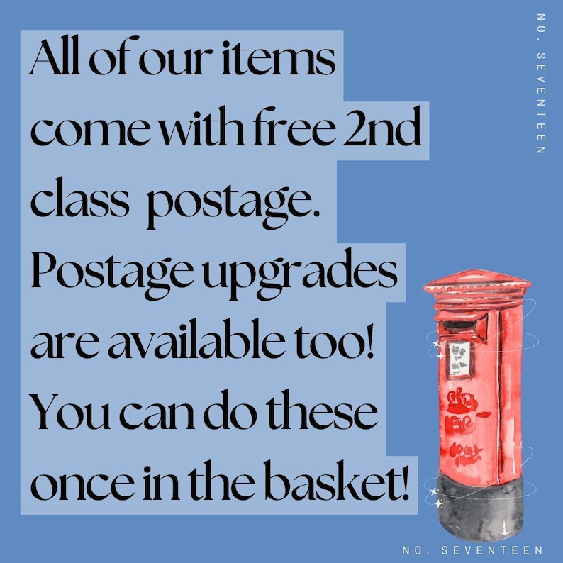 Puede incluir: Una ilustraci&oacute;n de acuarela de un buz&oacute;n brit&aacute;nico rojo y negro con el texto "All of our items come with free 2nd class postage. Postage upgrades are available too! You can do these once in the basket!"