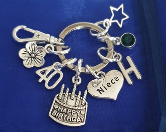 Niece 40th birthday keyring with initial birthstone personalised gifts silver birthday gift for her women girls 18th 21st 25th 30th