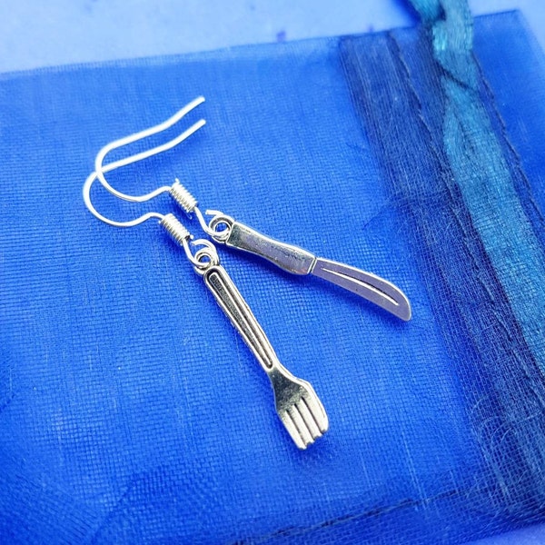 Knife fork earrings cutlery dangly earrings birthday gift for her, chef, sterling silver gifts