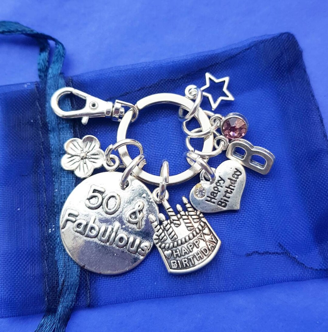 Friends 50th Birthday Keyring With Initial Birthstone Personalised