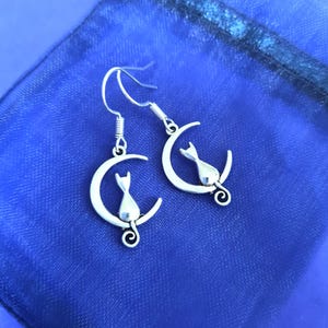 Boucles d&#39;oreilles en argent avec chat sur la lune