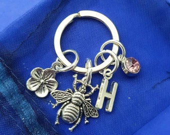 Bee keyring with birthstone optional initial animal honeybee garden GIFT personalised