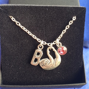 Sloth Necklace with optional initial Birthstone personalised silver chain gifts Animal ANY SIZE