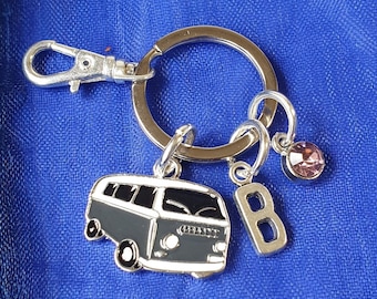Campervan keyring with initial and optional Birthstone personalised gifts silver