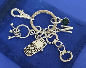 Prison officer , Police keyring with  initial keyrings personalised gift bag police jail security guard