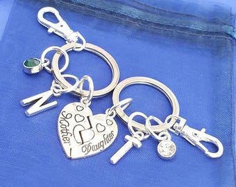 Mother Daughter keyrings with Birthstone initial personalised gifts 2 x share split Birthday
