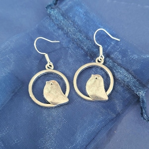 May include: A pair of silver-toned drop earrings featuring a circular frame with a small bird silhouette centred inside. Each earring is attached to a standard silver-toned fishhook ear wire, creating a simple and cohesive design for these accessories.