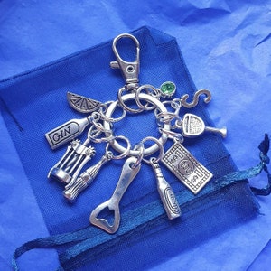 Bartender Keyring with initial Birthstone personalised gifts silver cocktail drink Beer bar tender alcoholic drink