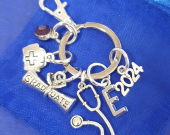 Graduation keyring with initial Birthstone Nurse Doctor GP personalised gifts silver 2026 uni student congratulations