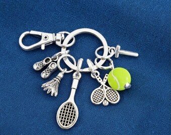 Badminton Tennis keyring with initial personalised gifts silver birthday sports gifts