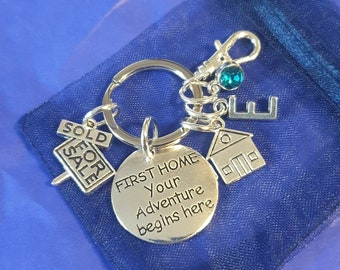 New Home keyring with initial birthstone personalised gifts silver first home Your adventure begins here