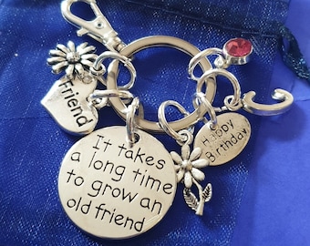 Friends birthday keyring with initial birthstone personalised gift it Takes A Long Time to grow an Old Friend   silver birthday gift for her