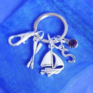 Boat keyring personalised with birthstone initial oars ship boating fishing gifts