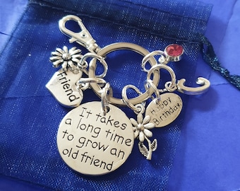 Friends birthday keyring with initial birthstone personalised gift it Takes A Long Time to grow an Old Friend   silver birthday gift for her