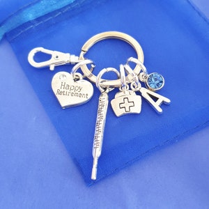 Retirement keyring with initial birthstone personalised message happy retirement gifts silver