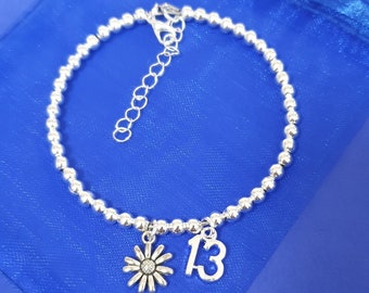 Personalized 13th Birthday Bracelet: Silver Daisy Charm Beaded Stacking Bracelet